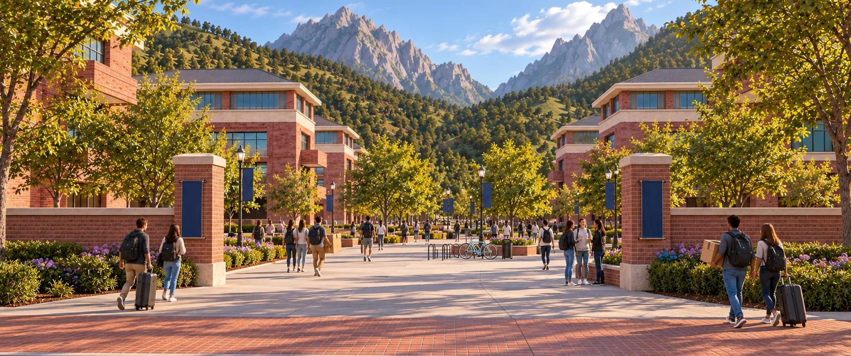 Students with suitcases walk through the brick gateway of Westbridge University on move-in day, mountains behind.